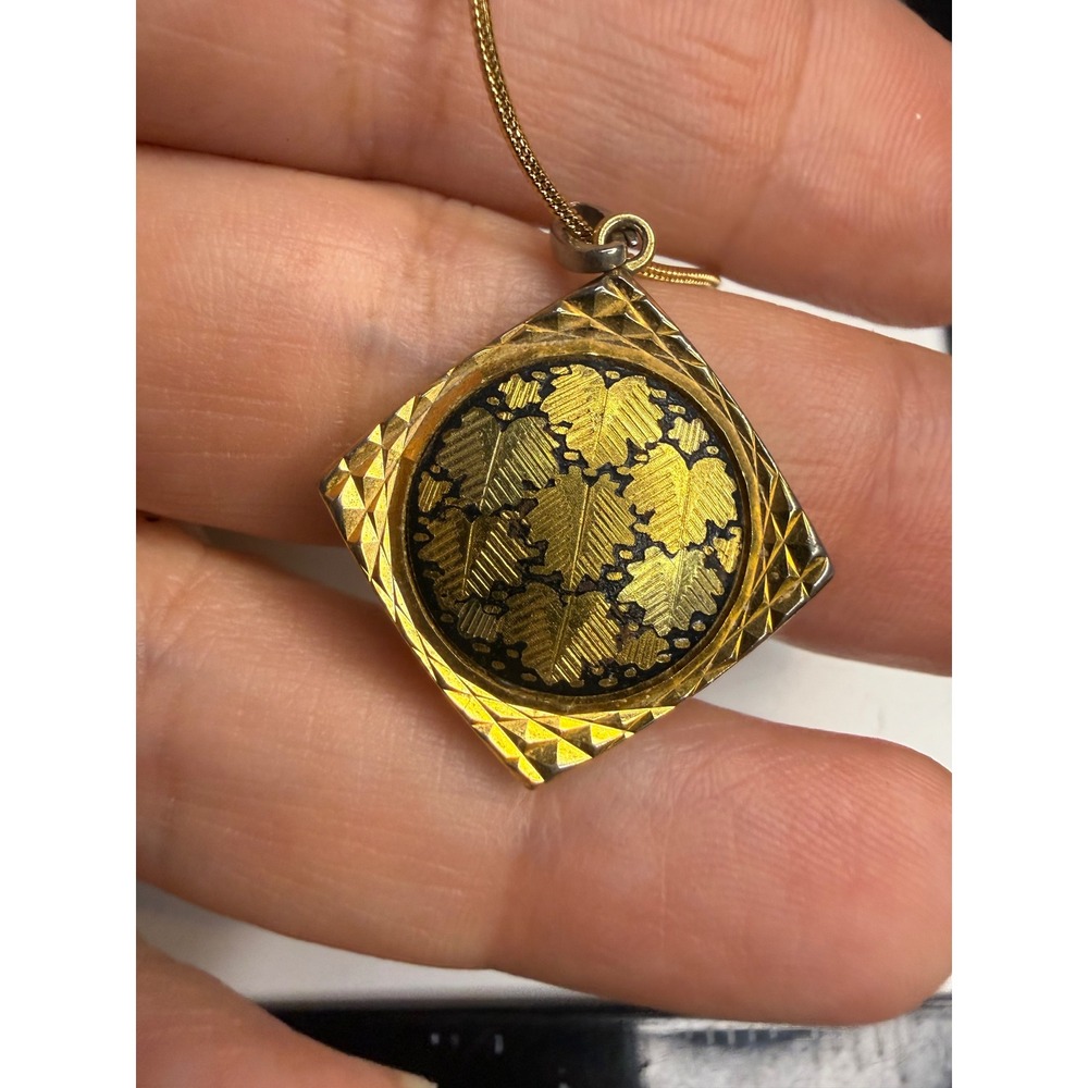 Amita Damascene Square Pendant Necklace 24K Gold Inlay Leaf Design Japan Crown
